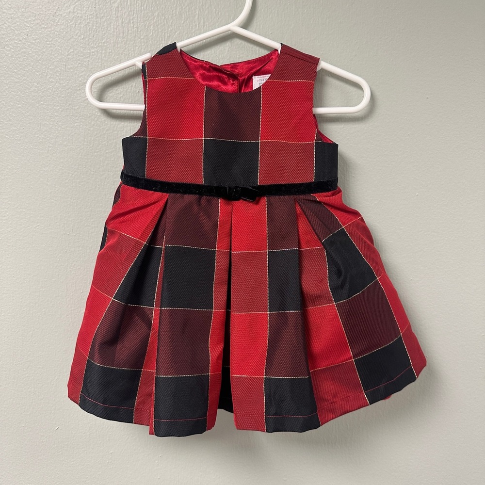 The Childrens Place Baby Girl Red Black Plaid Holiday Dress Velvet Bow 3-6M